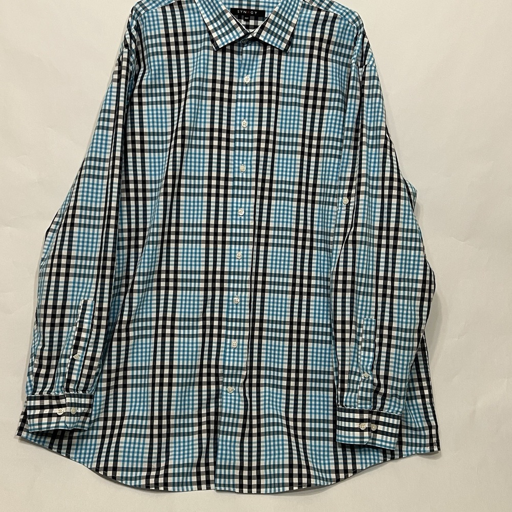 SYNRGY Button Long Sleeve Plaid Shirt Blue Black Gray Men Size 4XL-Tall